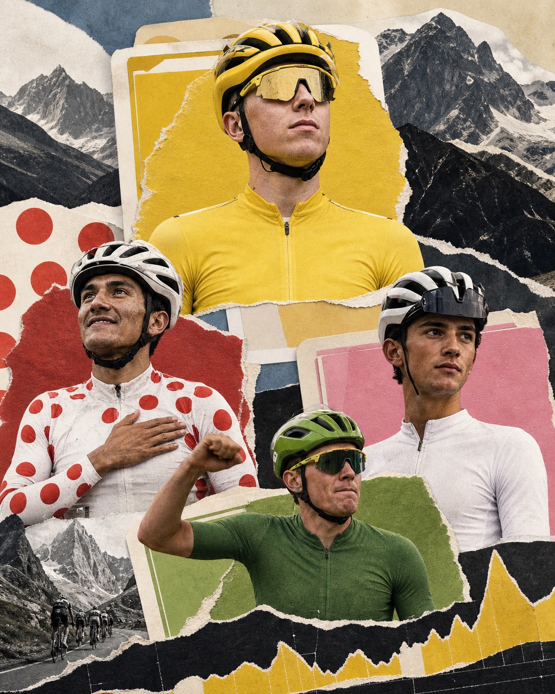 Editorial paper-collage illustration of Tadej Pogačar in yellow, Richard Carapaz in polka dots, Isaac del Toro in white, and Mads Pedersen in green after Stage 19.