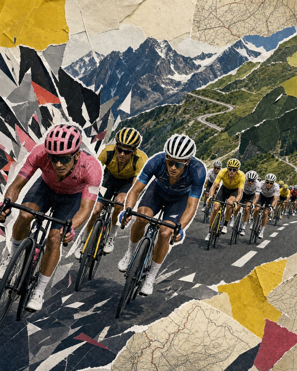 Editorial paper-collage illustration of Richard Carapaz, Sepp Kuss, and Lenny Martinez leading the shattered Stage 19 breakaway while Tadej Pogačar's chase rises behind.