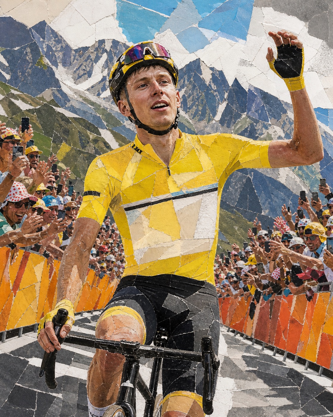 Editorial paper-collage portrait of Tadej Pogačar raising a hand after winning Stage 19 atop Alpe d'Huez with crowds and Alpine peaks behind him.