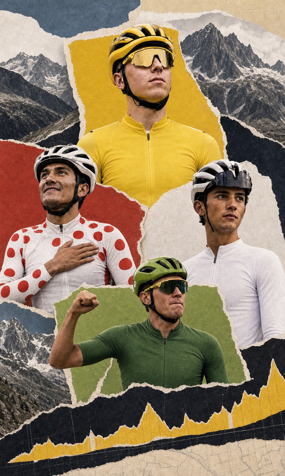 Editorial paper-collage classification portrait of Tadej Pogačar in yellow above Richard Carapaz in polka dots, Isaac del Toro in white, and Mads Pedersen in green with torn Alpine paper layers and a stage-profile strip below.