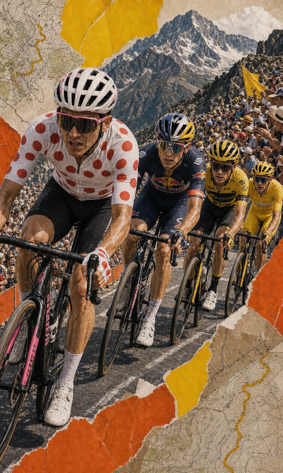 Editorial paper-collage illustration of Richard Carapaz in the polka-dot jersey driving toward Alpe d'Huez ahead of Remco Evenepoel, Sepp Kuss, and Tadej Pogačar on a crowded Alpine mountainside.