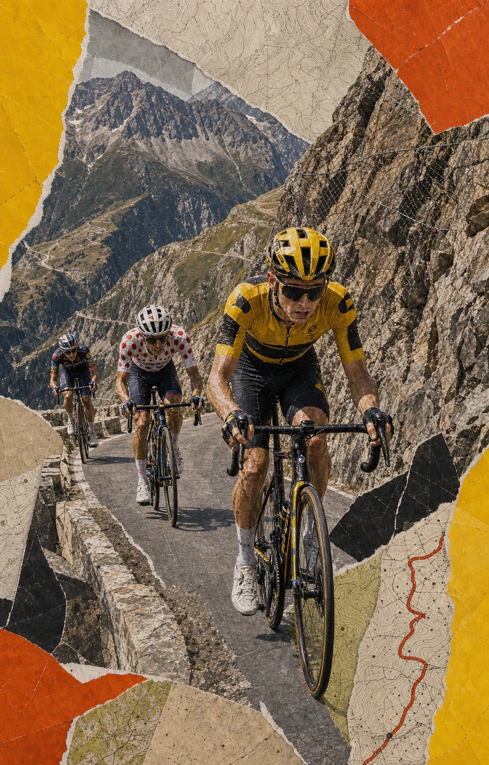 Editorial paper-collage illustration of Sepp Kuss leading a narrow alpine road ahead of Richard Carapaz in polka dots and Jai Hindley on the exposed run-in from the Col de Sarenne.