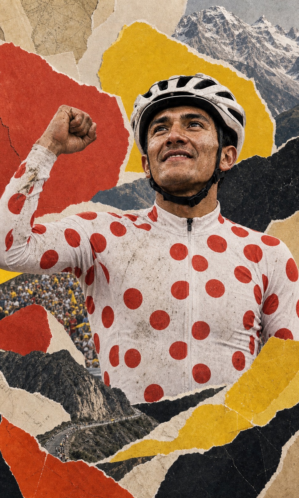 Editorial paper-collage portrait of Richard Carapaz in the polka-dot jersey raising a fist after winning Stage 20 at Alpe d'Huez, with torn red and yellow paper and alpine rock textures behind him.