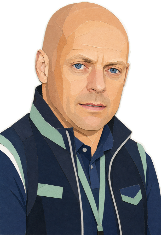 Dave Brailsford paper-collage staff portrait
