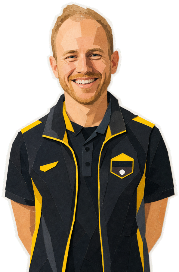 Marc Reef paper-collage staff portrait
